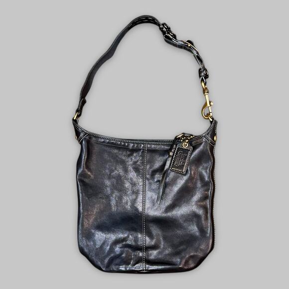 Vintage Coach Black Leather Hobo Shoulder Bag with Brass Hardware - Picture 1 of 7